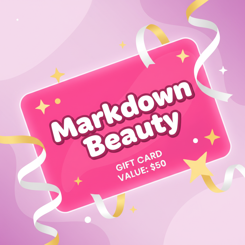 Square aspect ratio cartoon style image of a gift card where the card color is #ec4899 and the name of the company is "Markdown Beauty"
